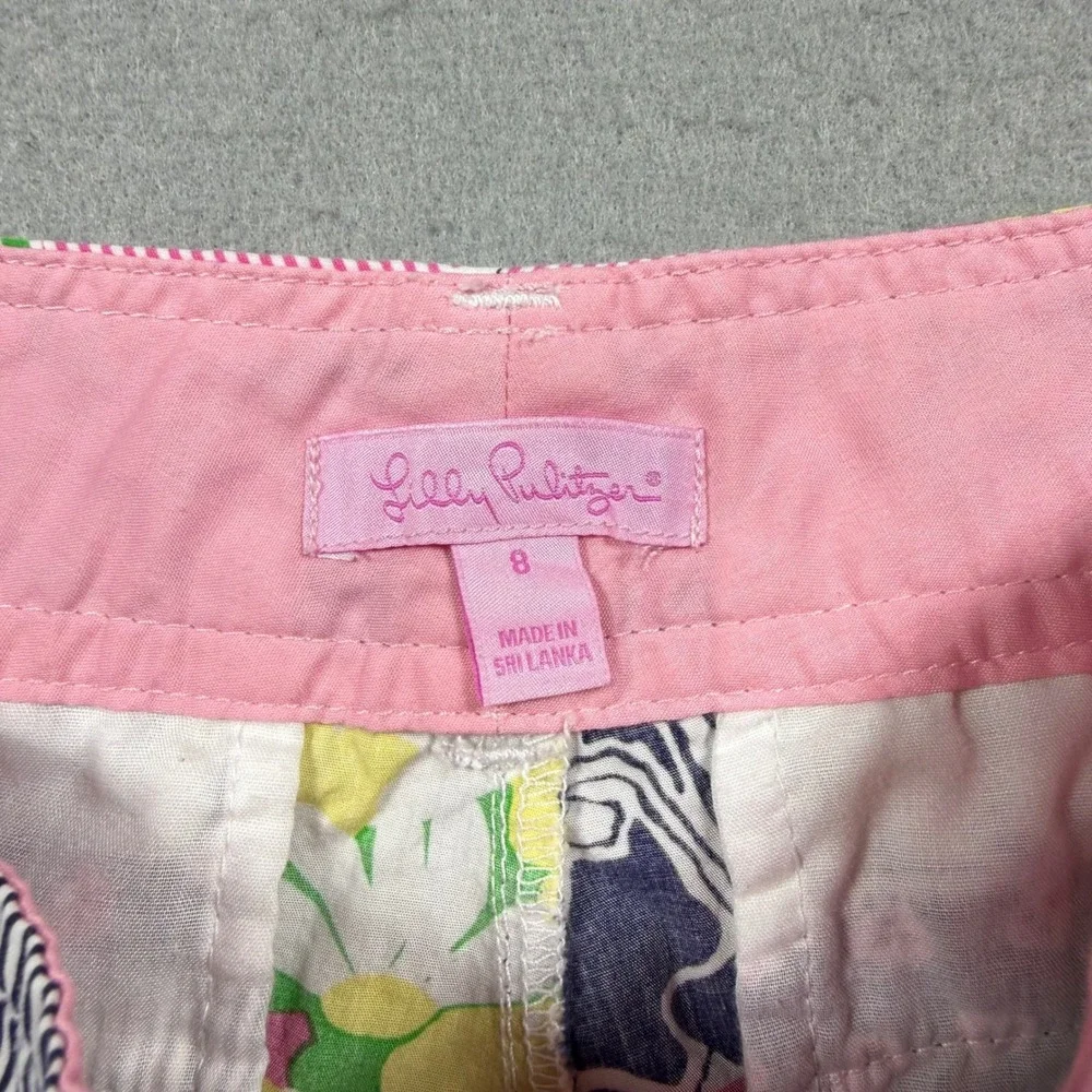 Lilly Pulitzer Patchwork Floral Striped Cotton Shorts Pink Yellow Navy Womens 8